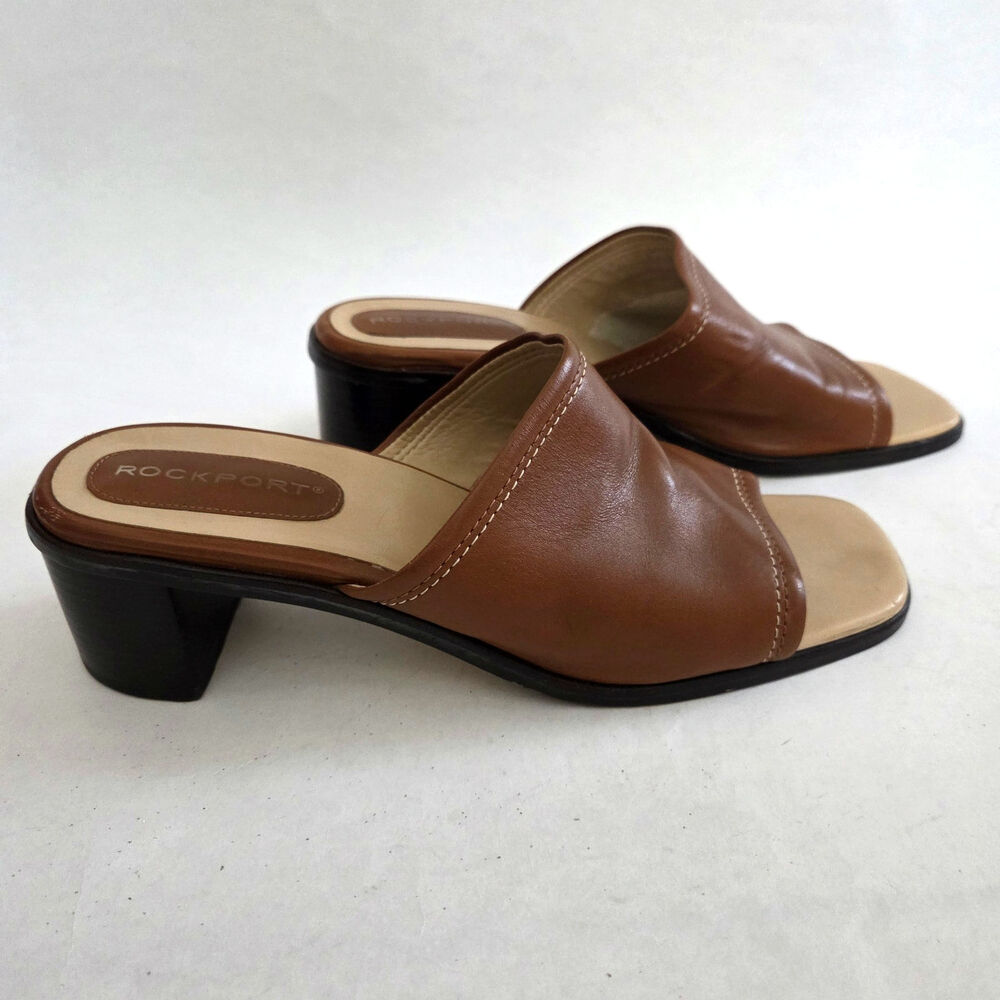 Rockport Heeled Open Toe Leather Slides Boho Classic Coastal Prep Sz 8
